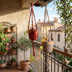 May include: Two macrame plant hangers, one in burnt orange and one in beige, each holding a terracotta pot with a green plant. The hangers feature wooden beads and long tassels, suspended from a decorative metal hook on a balcony railing.