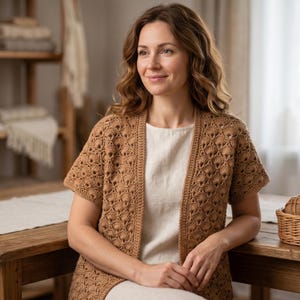 Könnte beinhalten: Eine beige gehäkelte Strickjacke mit einem sich wiederholenden fächerartigen Stichmuster, kurzen Ärmeln und offenem Vorderteil. Das Kleidungsstück wird über einem schlichten, hellen Oberteil getragen und zeigt die Textur und Handwerkskunst.