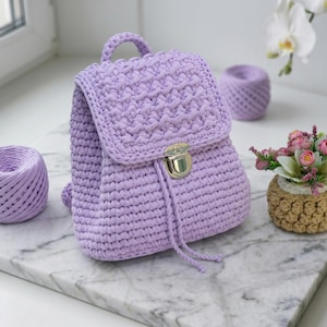 Patrón de mochila Helen a crochet en PDF, patrón de mochila a crochet, patrón de mochila con cordón, mochila de hilo de camiseta, patrón de bolso a crochet