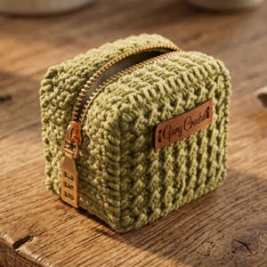 May include: A small, square, olive green crochet pouch featuring a gold-toned metal zipper closure and a rectangular brown leather tag embossed with the text Gory Crochet attached to the front side of the textured, hand-stitched yarn exterior.