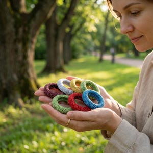 May include: A collection of seven small, circular, textured rings in various colors including deep red, light blue, yellow, green, and silver. Each ring features a dense, beaded surface texture, arranged in a cluster held together in palms.
