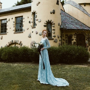 Light Blue Off-The-Shoulder Dress with Train ,Pastel wedding dress #1148