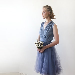 Dusty Blue Tulle Midi Gown: Sleeveless Wrap Dress