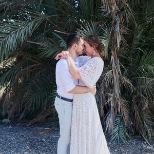 Vintage Deep V Neckline Bat Sleeves Bohemian Pearly white Wedding Dress #1389