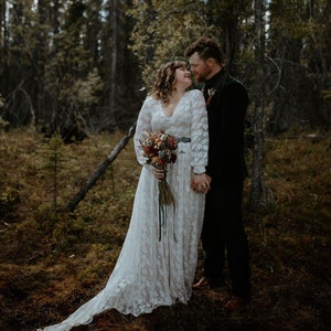 Leaf Lace Ivory Blush color Wedding Dress, Long Sleeve Lace Wedding Dress, V Neck Long Sleeve Wedding Dress #1208