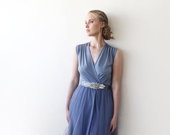 Last in Stock Dusty Blue Decorated tulle sleeveless Dress #1082