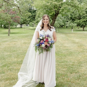 Ivory Short cape sleeves lace wedding dress, with Champagne chiffon mesh skirt, Romantic wedding dress #1234