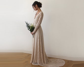 Champagne Wrap Lace Gown with Train #1151