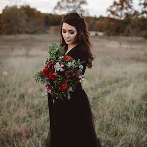Black Maxi Tulle Dress: Long Sleeve Wrap Lace Gown