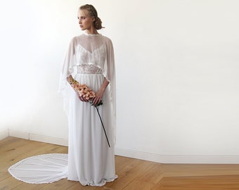 Chiffon mesh Ivory Cape With A Train #4028