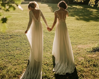 Ivory  Vintage Lace Long Sleeves, Backless wedding dress V neckline  #1290