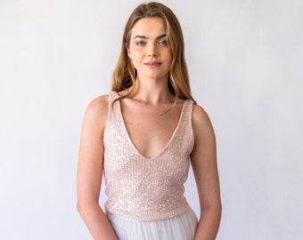 Blush Pink Sequins sleeveless tank top with V-neckline #2068