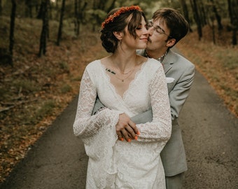 Bestseller Ivory Wrap Full Lace Bell Sleeves  Wedding Dress #1167