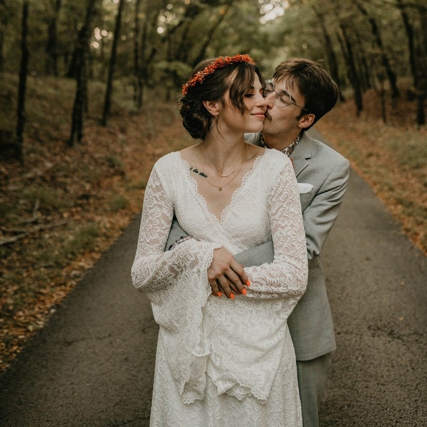 Bestseller Ivory Wrap Full Lace Bell Sleeves  Wedding Dress #1167