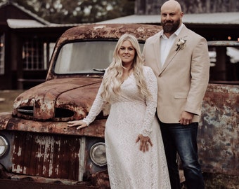 Ivory Lace Wedding Dress: Long Sleeve Bohemian Wrap Gown