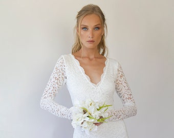 Ivory Lace Wedding Dress: Bohemian V-Neck Long Sleeve Gown