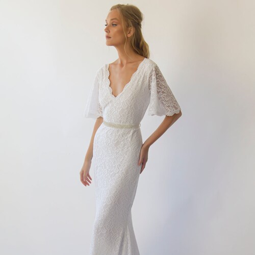 Ivory Short Cape Sleeves Lace Wedding Dress 1235 - Etsy Israel