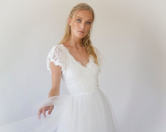 Fairy ivory wrap lace bohemian wedding dress, butterfly sleeves and puffy tulle #1293