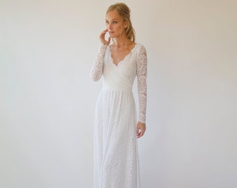 Ivory wrap lace wedding dress  with long sleeves 1287