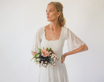 Ivory Square Neckline wedding dress , Bohemian butterfly sleeves 1276