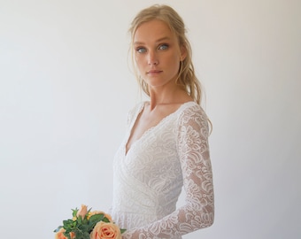 Ivory wrap lace wedding dress  with long sleeves 1287