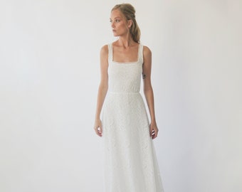 Ivory Square Neckline Sleeveless Wedding Dress, Rustic wedding dress 1277