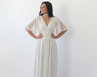 Bestseller Curvy Butterfly Sleeves Vestido de novia marfil con bolsillos #1267