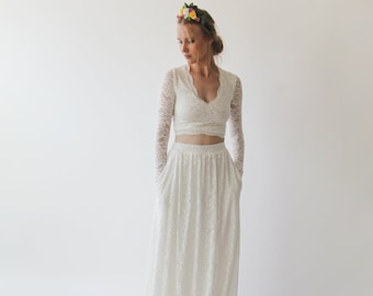 Ivory Wedding Dress Separates, long sleeves top & maxi lace skirt #1250