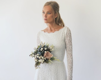 Modest Bestseller Ivory Long sleeves boat neckline modest wedding dress  #1297