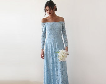 Light Blue Off-The-Shoulder Floral Lace Dress ,Pastel wedding dress #1119