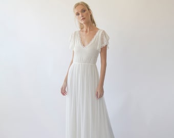 Ivory  Lace Flutter Sleeves wedding dress, bohemian Vintage Style with chiffon mesh skirt #1285