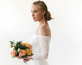 Ivory Off-The-Shoulder Floral Lace Dress #1119