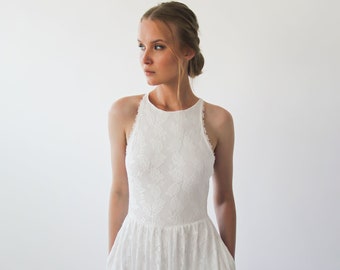 Halter neckline simple Ivory wedding dress with pockets , vintage inspired ,bohemian wedding dress #1221