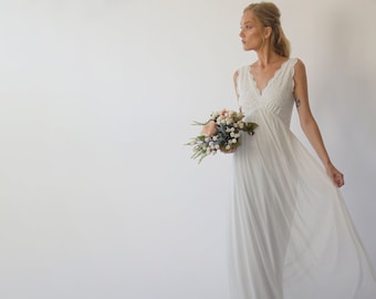 Ivory Lace Chiffon Wedding Dress: Sleeveless Open Back Gown