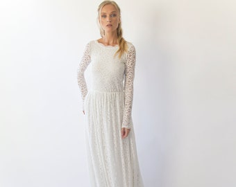 Ivory Vintage Bohemian Lace Long Sleeves, Open back wedding dress,  1292