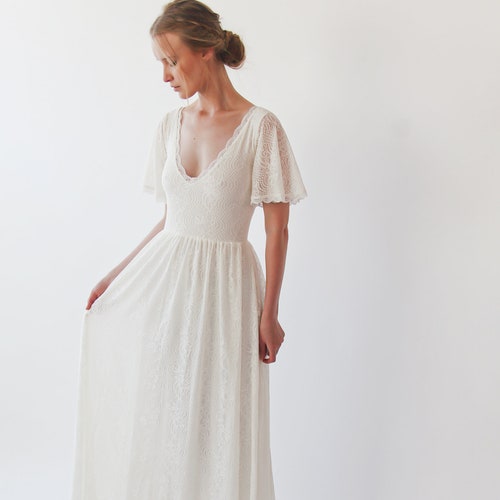 Bestseller Ivory Wrap Lace Bohemian Wedding Dress With Pockets - Etsy