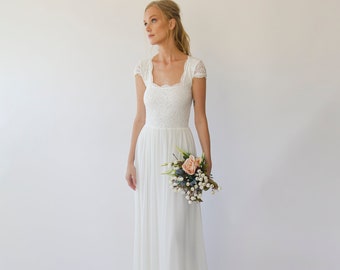 Ivory Square neckline lace and chiffon mesh wedding dress #1299