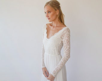 Ivory Vintage Lace Long Sleeves, Backless wedding dress, V neckline  1290