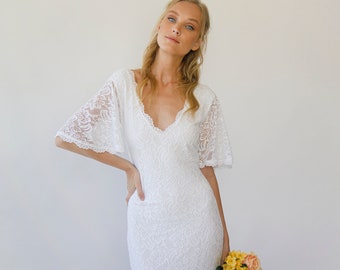 Sheath wedding dress ,Ivory Bohemian butterfly Sleeves V neckline wedding dress #1294