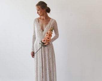 Ivory Blush color Vintage Style Long Sleeves lace wedding dress,  Bohemian Wrap Lace wedding dress #1258