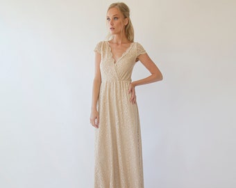 Cape sleeves lace wedding dress, Champagne Bohemian wedding dress 1289
