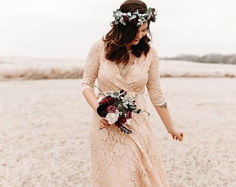 Boho pink blush lace wrap dress ,Pastel wedding dress #1124