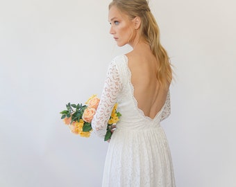 Ivory Vintage Bohemian Lace Long Sleeves, Open back wedding dress,  1292