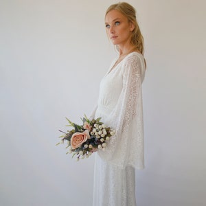 Bohemian V neckline Ivory wedding dress with bell sleeves #1284