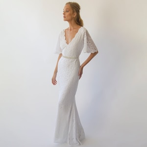 Sheath Lace Wedding Dress ,Bohemian Ivory butterfly Sleeves V neckline wedding dress with beaded sash belt #1295