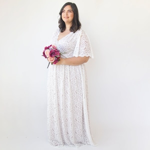 Ivory lace with blush lining dress ,Butterfly Sleeves Ivory wedding dress with pockets #1314