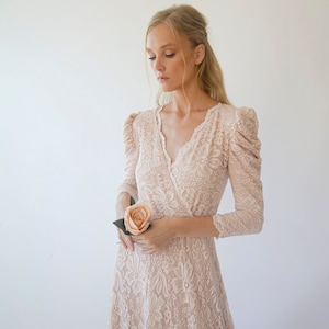 Blush Puffed sleeves ,lace wedding dress, Ivory Bohemian wedding dress 1283