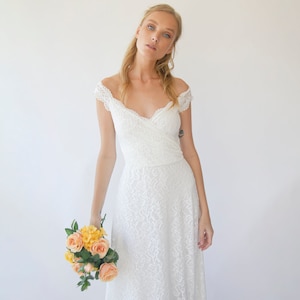Ivory Off the shoulder short sleeves wrap wedding dress #1281