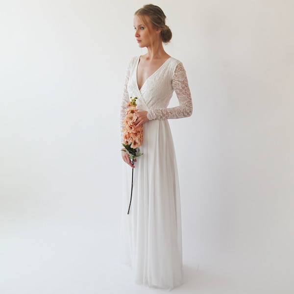 Bestseller  Ivory Wrap lace wedding dress with chiffon mesh #1256