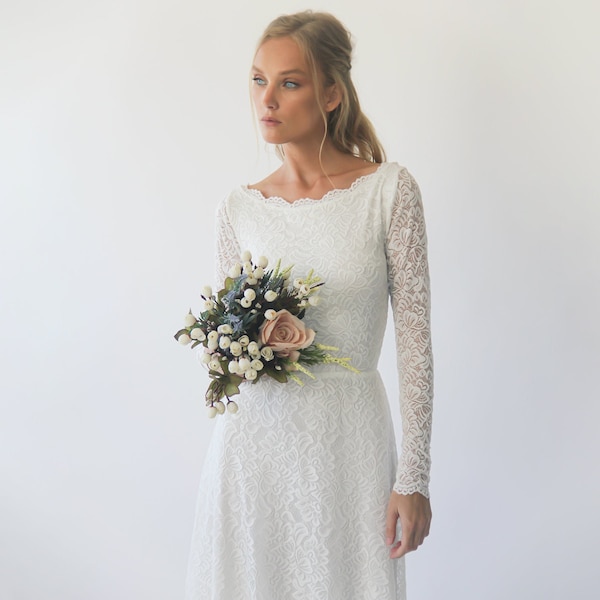 Modest Bestseller Ivory Long sleeves boat neckline modest wedding dress  #1297